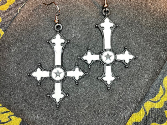 Upside Down Inverted Cross Star Stainless Steel Pendant Earrings Gothic Pagan Satanic Church Wiccan Occult Jewelry Gift -  Black & White