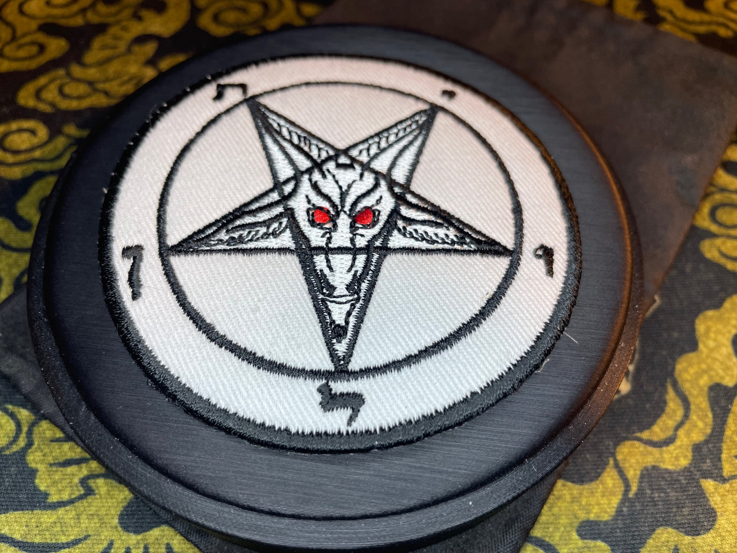 Sigil of Baphomet Embroidered Fabric Iron-On Patch Red Eyes Washable Non-Toxic Church of Satan Gothic Satanic Wiccan Occult - White & Black