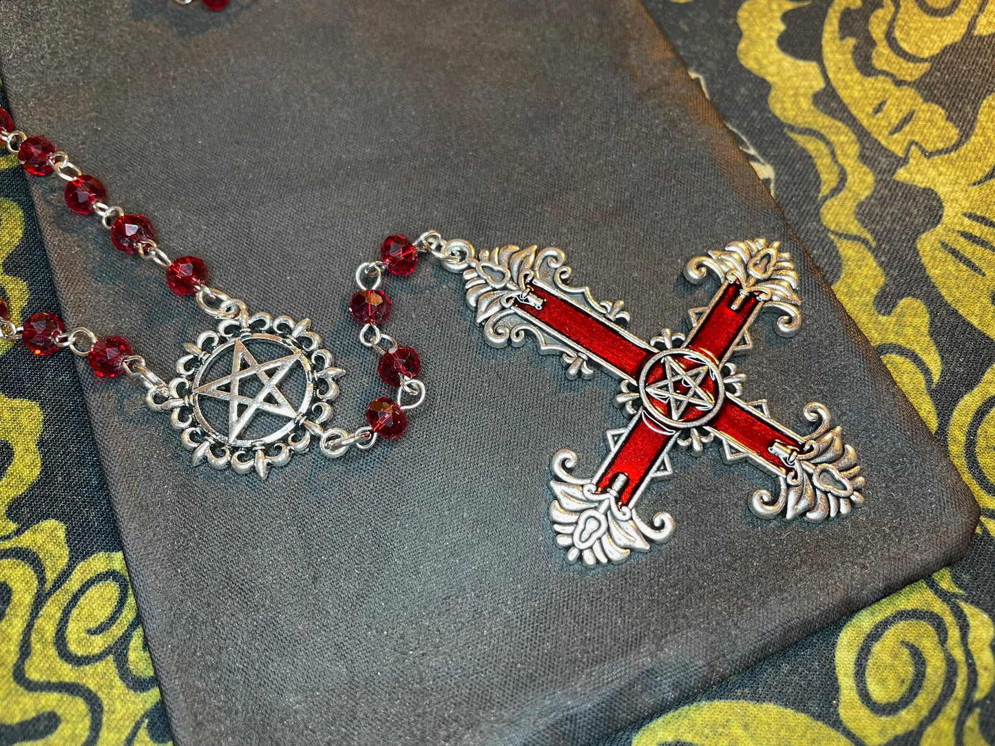 Satanic Rosary Inverted Pentagram Ornate Upside Down Cross 666 Stainless Steel Pendant Wiccan Occult Necklace Jewelry Gift - Silver & Red