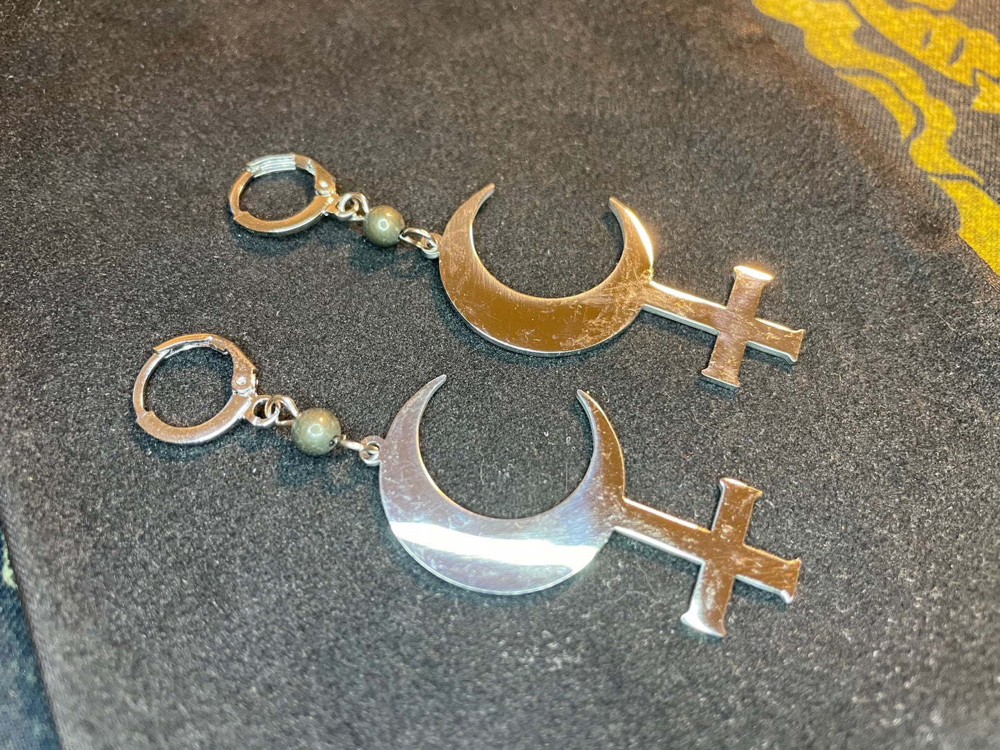 Lilith Symbol Crescent Moon Inverted Upside Down Cross Stainless Steel Earrings Gothic Satanic Church Wiccan Occult Jewelry Gift - Silver