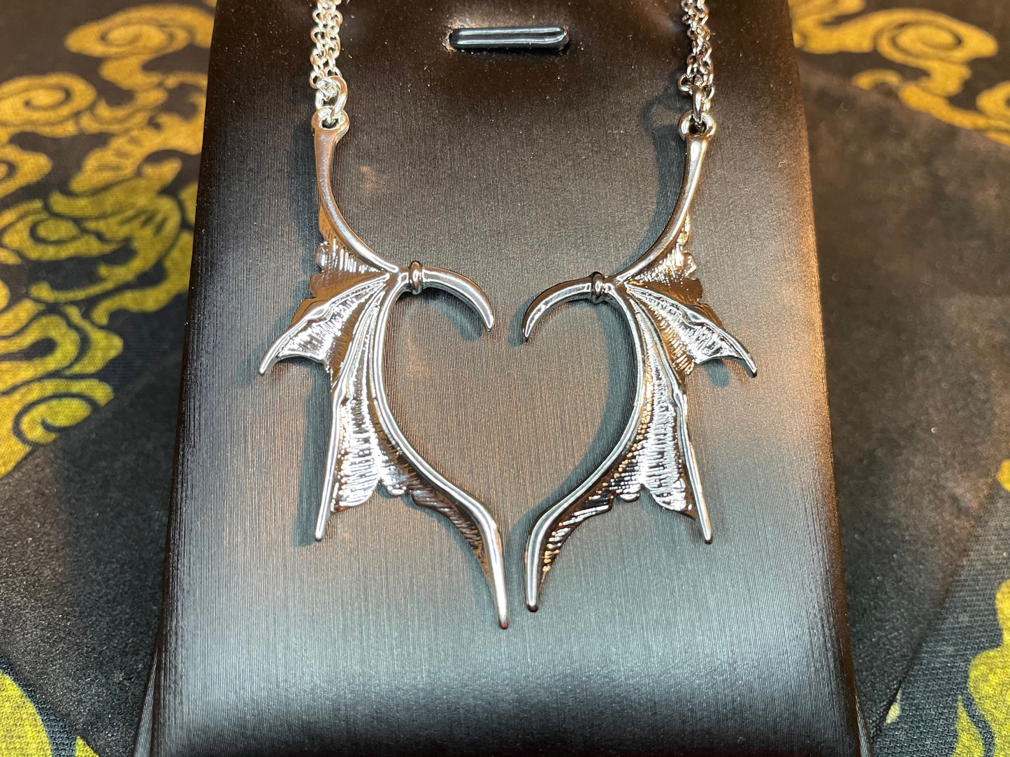 Double Twin Dragon Wing Stainless Steel Dual Heart Love Pendant Necklace Gothic Pagan Wiccan Pagan Satanic Best Friend Gift - Silver & Smoke