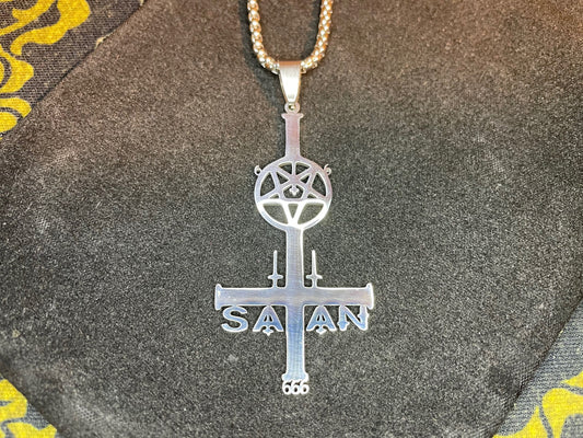 Inverted Upside Down Cross w/ Pentagram 666 Symbol Pendant Necklace Vintage Occult Gothic Dark Pagan Satanic Men Women Jewelry Gift - Silver