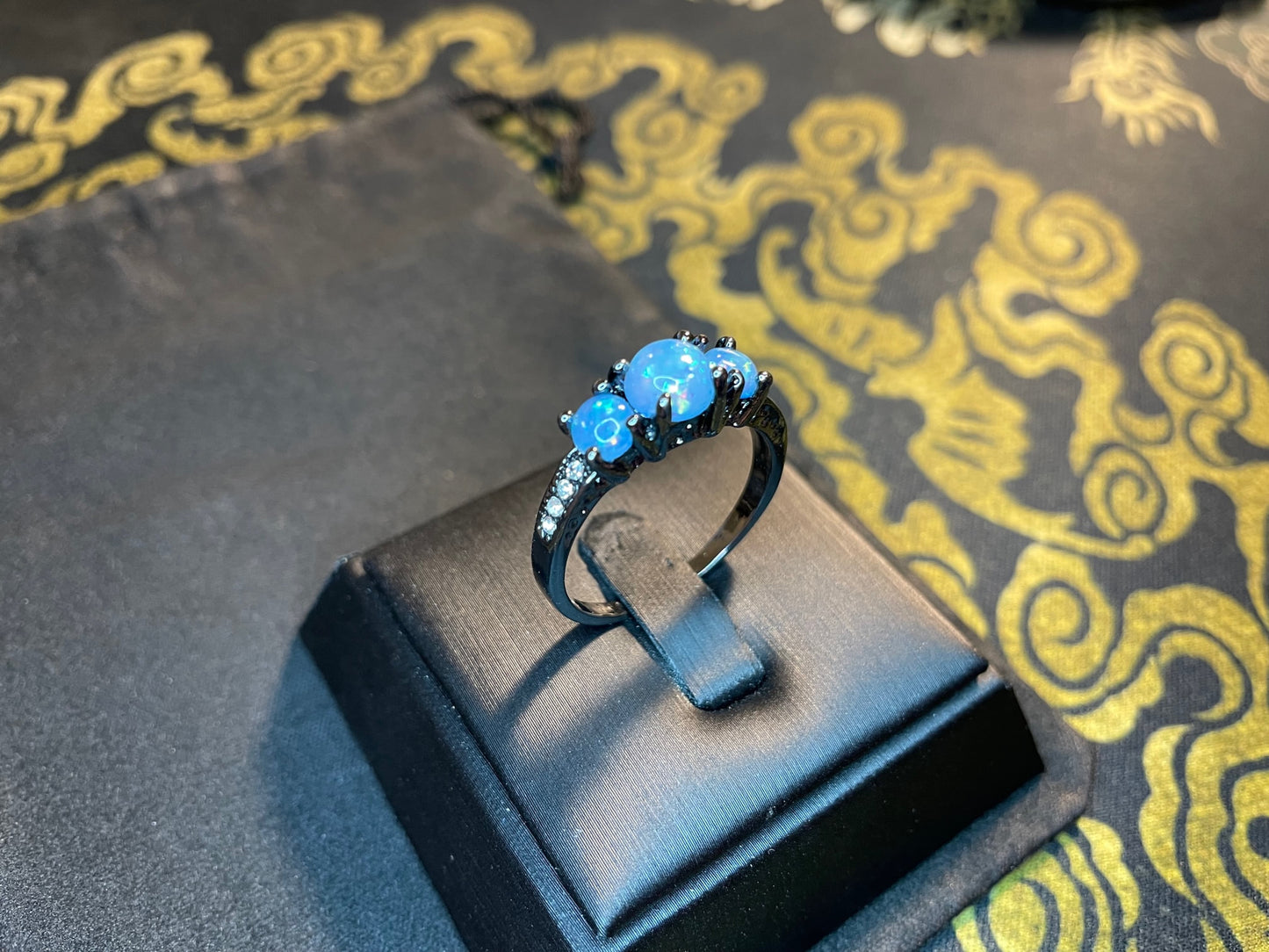 Blue Fire Opal Rainbow Diamond Black Gold Ring Band Gothic Promise Wedding Band Satanic Pagan Wiccan Occult Jewelry Best Gift - Women's