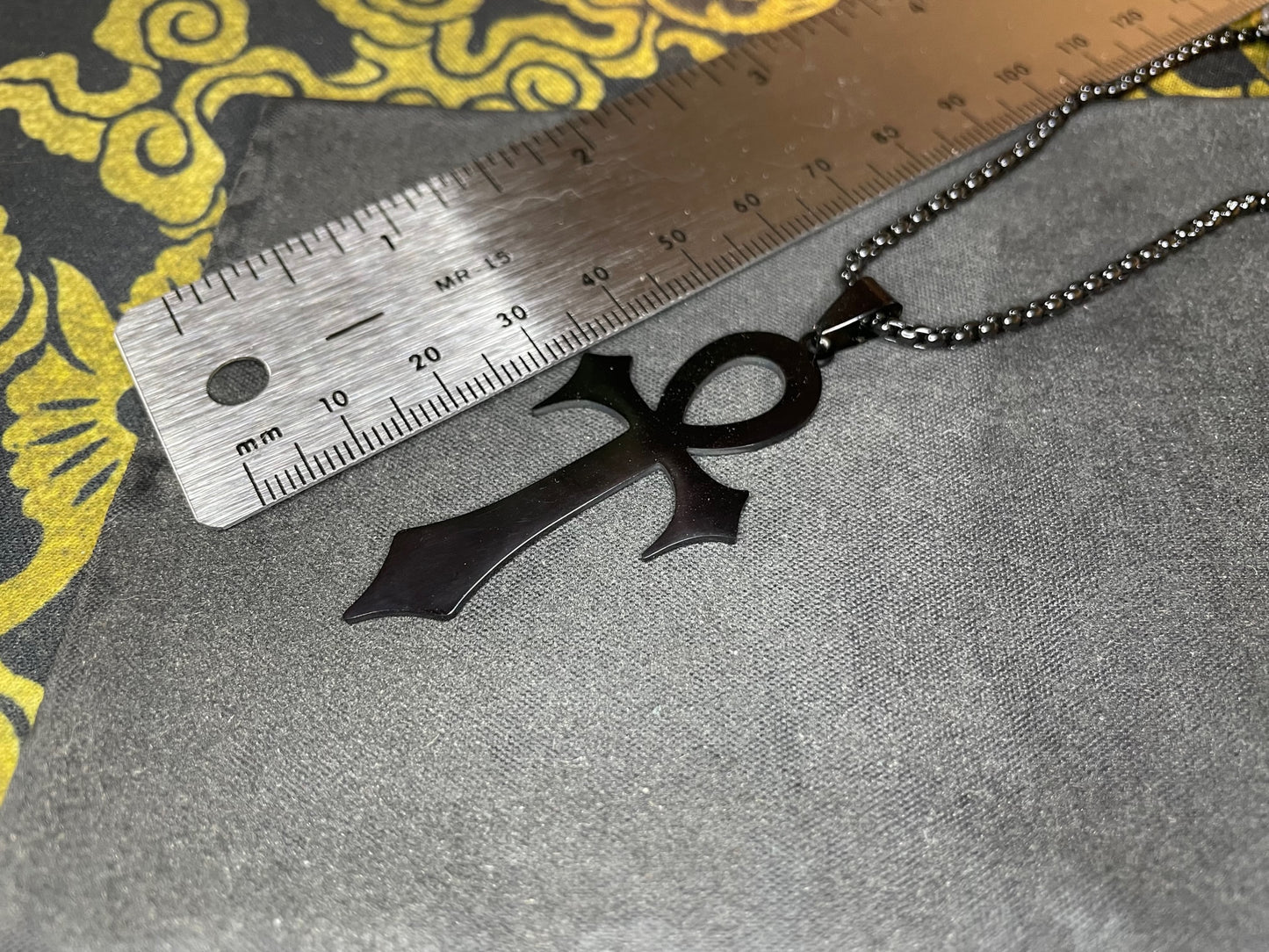 Fanged Egyptian Ankh Cross Key of Life Hieroglyphic Stainless Steel Pendant Necklace Gothic Pagan Satanic Wiccan Occult Jewelry Gift - Black