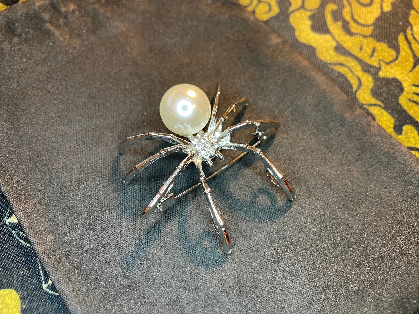 White Pearl Diamond Encrusted Venomous Widow Spider Web Stainless Steel Lapel Pin Brooch Corsage Satanic Gothic Pagan Wiccan Gift - Silver