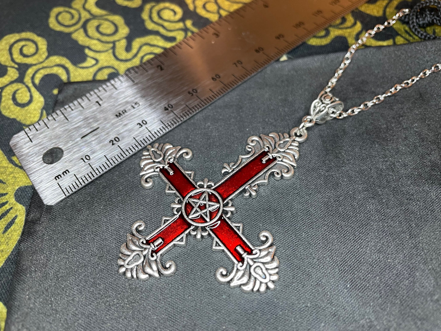 Ornate Red Inverted Upside Down Cross Pentagram Pendant Necklace Retro Vintage Gothic Satanic Pagan Wiccan Occult Jewelry Gift - Silver