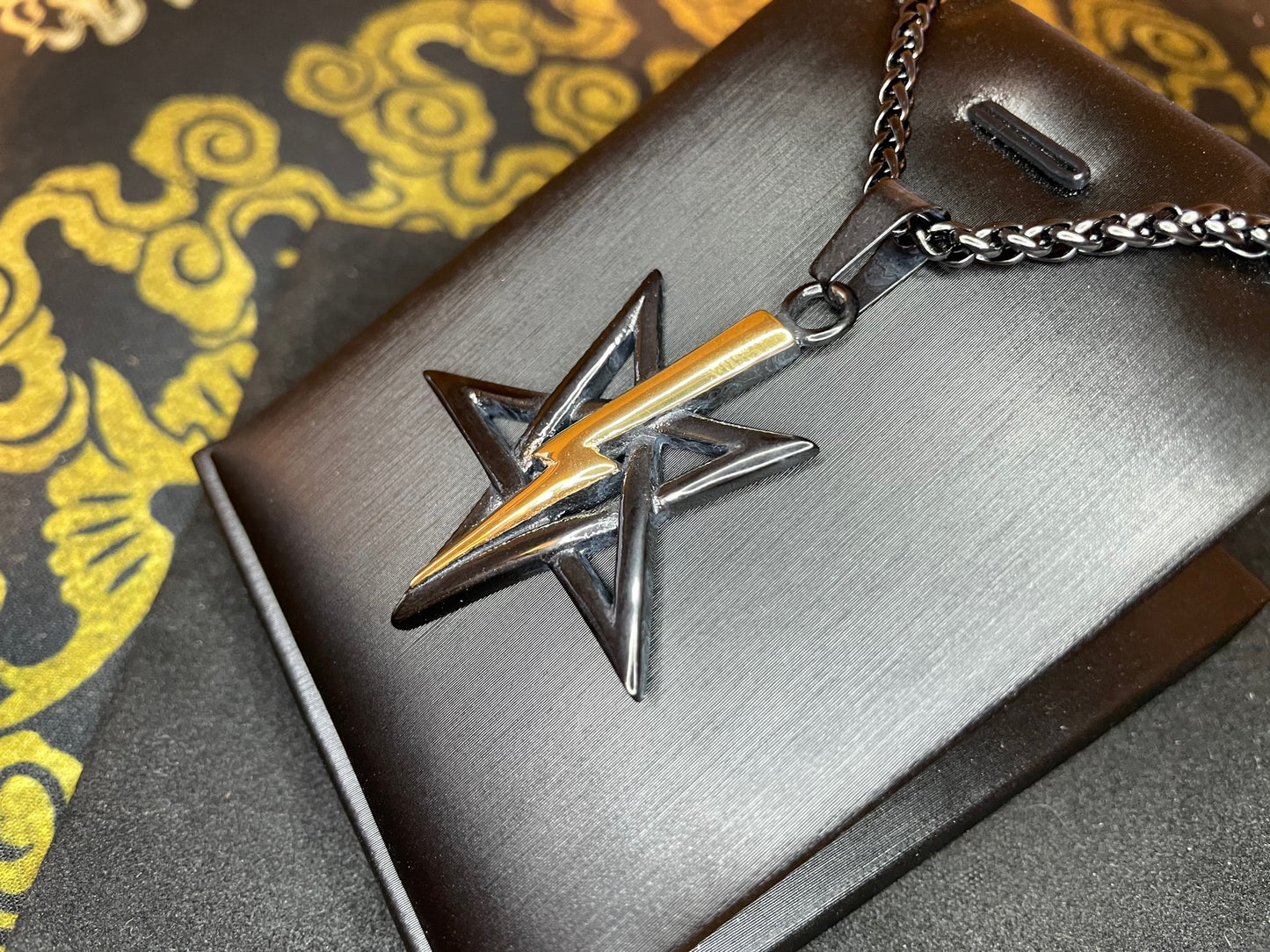 Anton LaVey Pentagram Church of Satan Lightning Bolt Stainless Steel Pendant Necklace Satanic Wicca Pagan Occult Jewelry Gift - Black & Gold