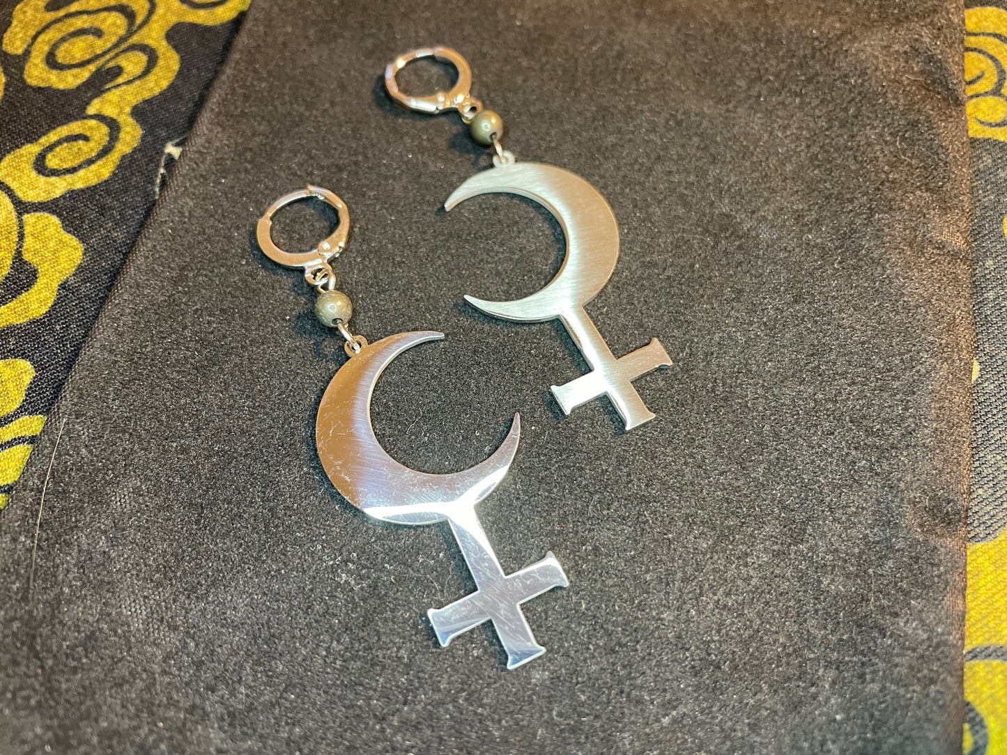 Lilith Symbol Crescent Moon Inverted Upside Down Cross Stainless Steel Earrings Gothic Satanic Church Wiccan Occult Jewelry Gift - Silver