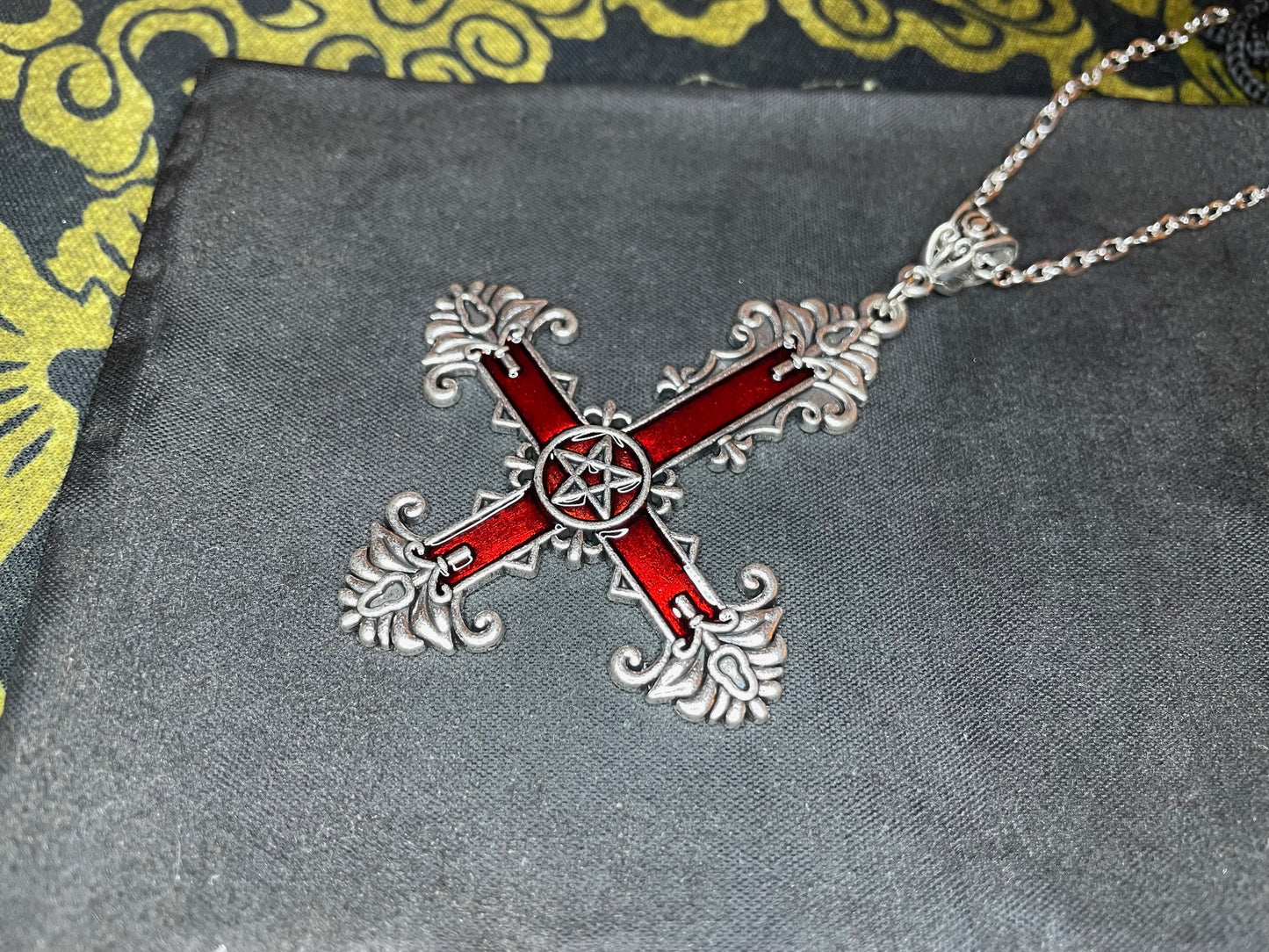 Ornate Red Inverted Upside Down Cross Pentagram Pendant Necklace Retro Vintage Gothic Satanic Pagan Wiccan Occult Jewelry Gift - Silver