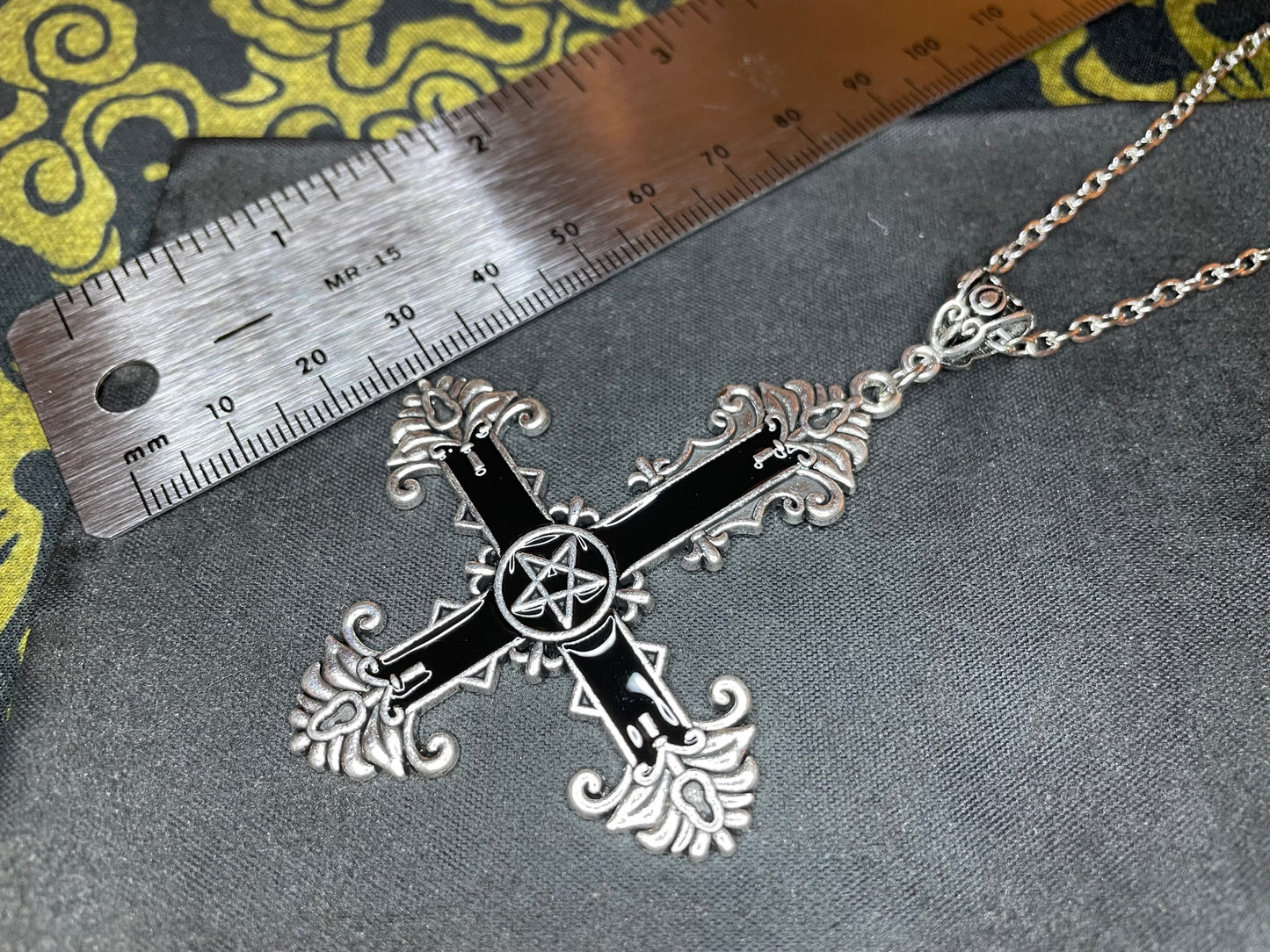 Ornate Black Inverted Upside Down Cross Pentagram Pendant Necklace Retro Vintage Gothic Satanic Pagan Wiccan Occult Jewelry Gift - Silver