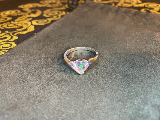 Opal Heart Shaped Rainbow Prismatic White Gold Ring Gothic Vintage Classic Wedding Band Satanic Pagan Wiccan Occult Jewelry Gift - Women