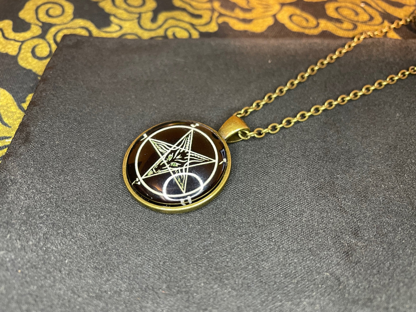 Sigil of Baphomet Pentagram Church of Satan Lucifer Glass Stainless Steel Pendant Necklace Satanic Wiccan Pagan Occult Jewelry Gift - Bronze