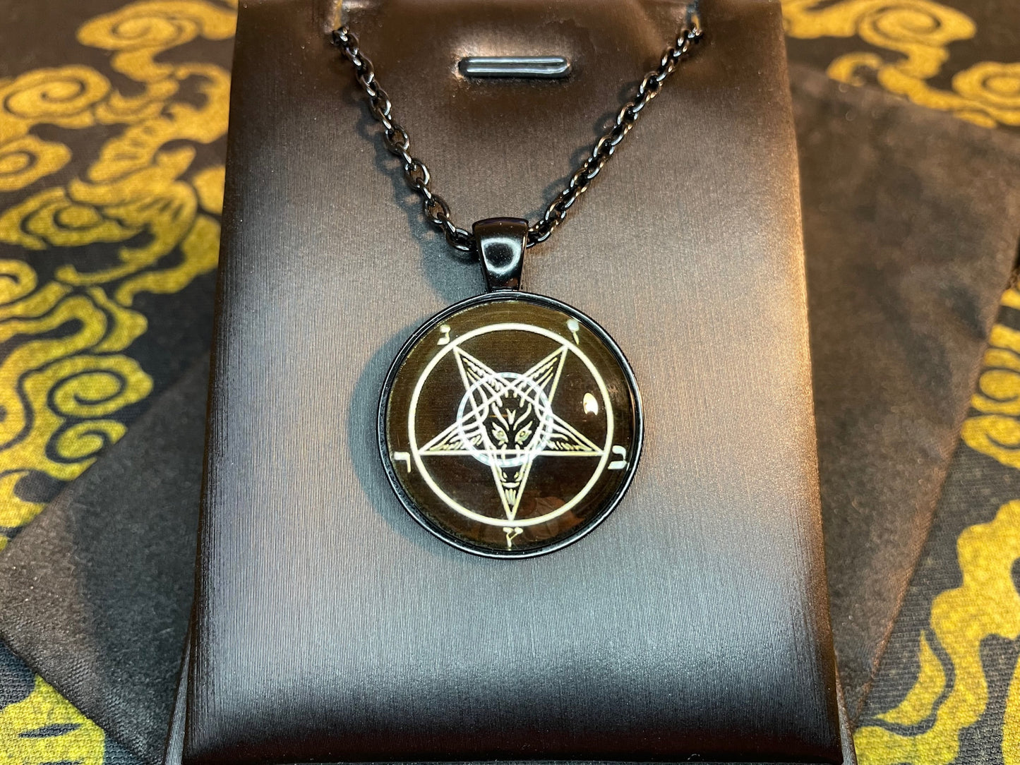 Sigil of Baphomet Pentagram Church of Satan Lucifer Glass Stainless Steel Pendant Necklace Satanic Wiccan Pagan Occult Jewelry Gift - Black