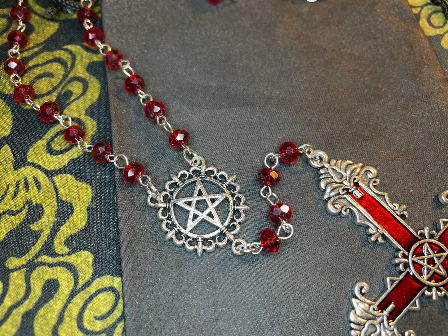 Satanic Rosary Inverted Pentagram Ornate Upside Down Cross 666 Stainless Steel Pendant Wiccan Occult Necklace Jewelry Gift - Silver & Red