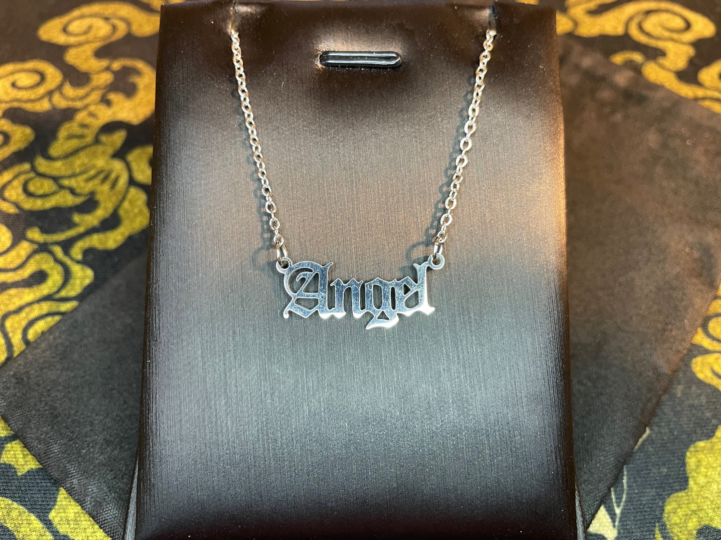 Angel Old English Script Name Stainless Steel Pendant Necklace Punk Biker Hip Hop Gothic Pagan Wiccan Satanic Church Jewelry Gift - Silver