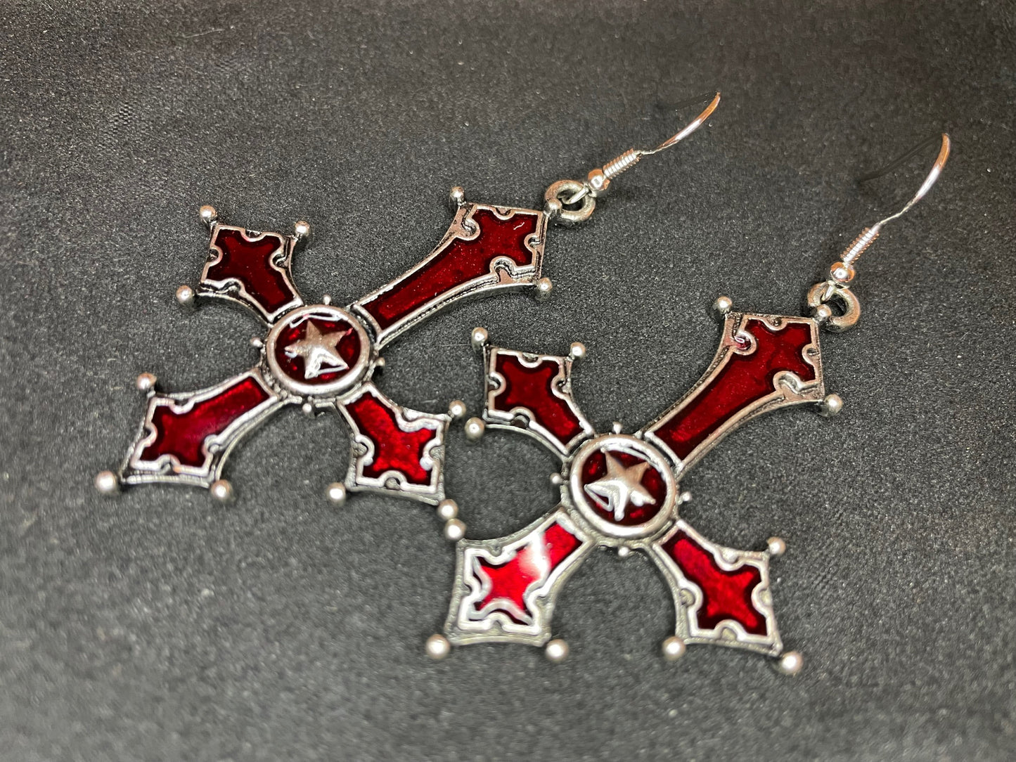 Red Crimson Bloody Inverted Upside Down Cross Pendant Earrings Star Vintage Gothic Satanic Pagan Wiccan Occult Jewelry Best Gift - Silver