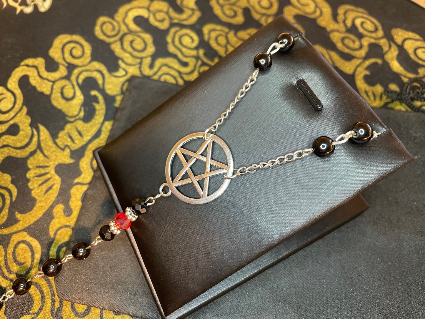 Satanic Rosary Inverted Upside Down Pentagram Sigil of Lucifer Pendant Necklace Small Bead Wiccan Occult Jewelry Gift - Silver, Black, & Red