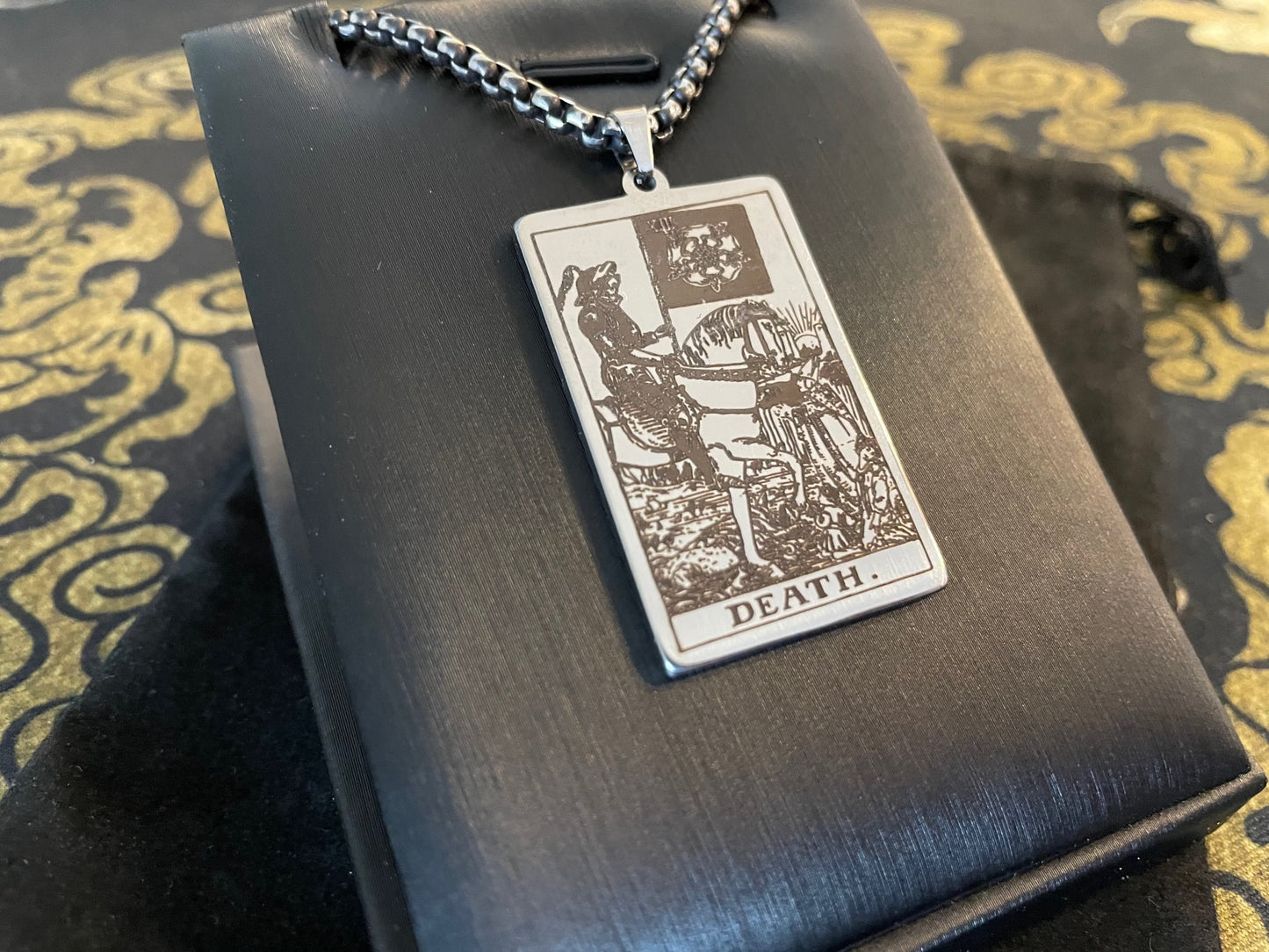 Death Tarot Card Necklace Rider Waite Deck Laser Engraved Stainless Steel Pendant Gothic Pagan Wiccan Satanic Occult Accessory Gift - Silver