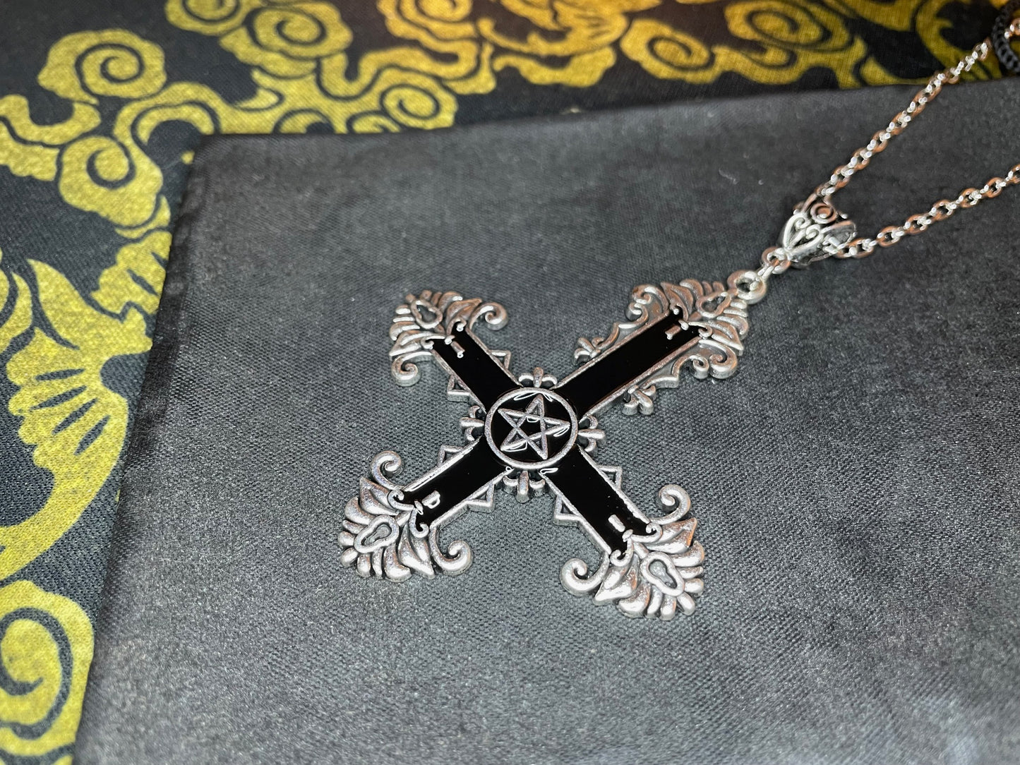 Ornate Black Inverted Upside Down Cross Pentagram Pendant Necklace Retro Vintage Gothic Satanic Pagan Wiccan Occult Jewelry Gift - Silver