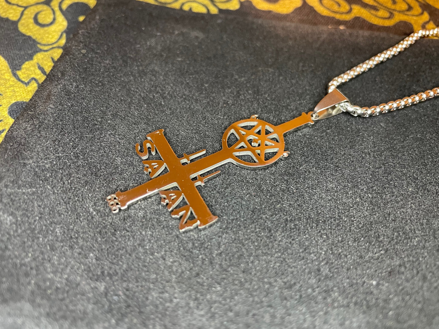 Inverted Upside Down Cross w/ Pentagram 666 Symbol Pendant Necklace Vintage Occult Gothic Dark Pagan Satanic Men Women Jewelry Gift - Silver