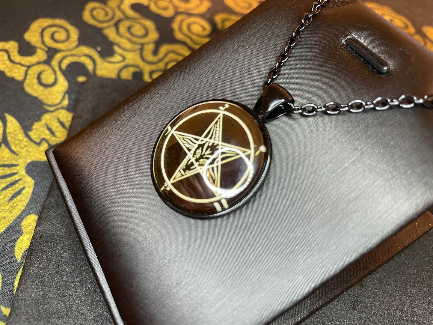 Sigil of Baphomet Pentagram Church of Satan Lucifer Glass Stainless Steel Pendant Necklace Satanic Wiccan Pagan Occult Jewelry Gift - Black