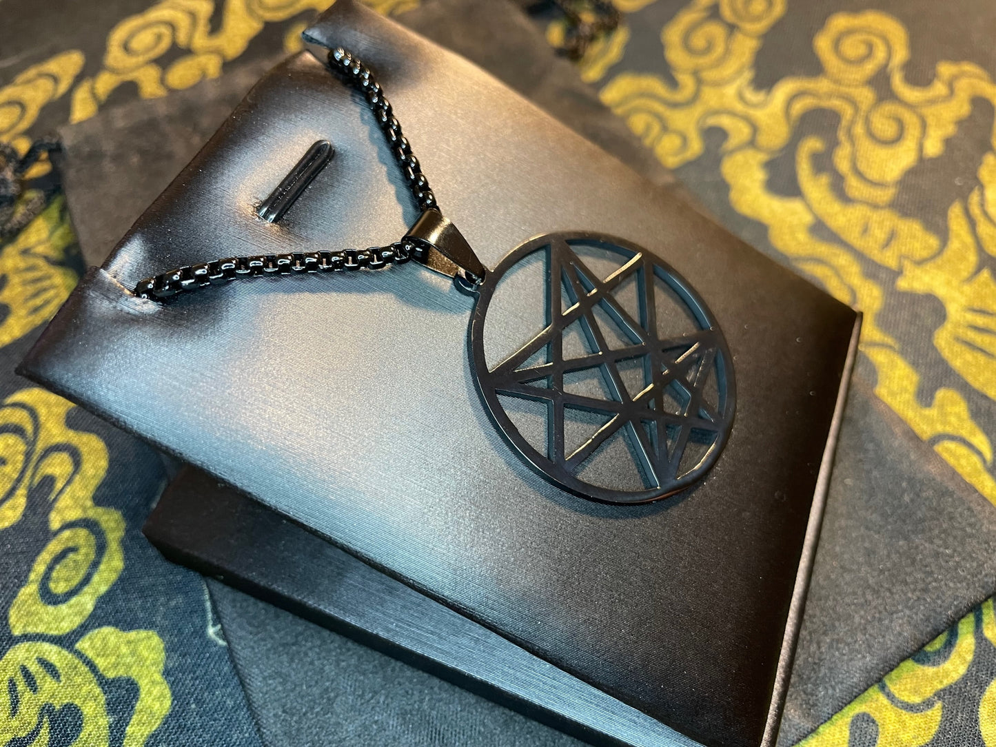 Nine Angles Seal of the Devil Sacred Geometry Pendant Necklace Stainless Steel Magical Amulet Talisman Satanic Church Wiccan Occult Jewelry - Black