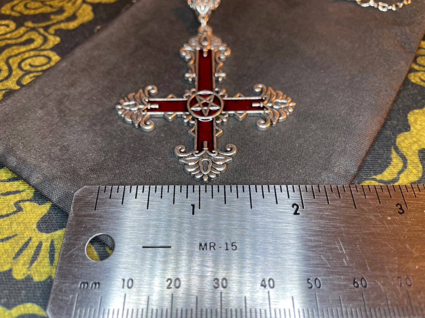 Ornate Red Inverted Upside Down Cross Pentagram Pendant Necklace Retro Vintage Gothic Satanic Pagan Wiccan Occult Jewelry Gift - Silver