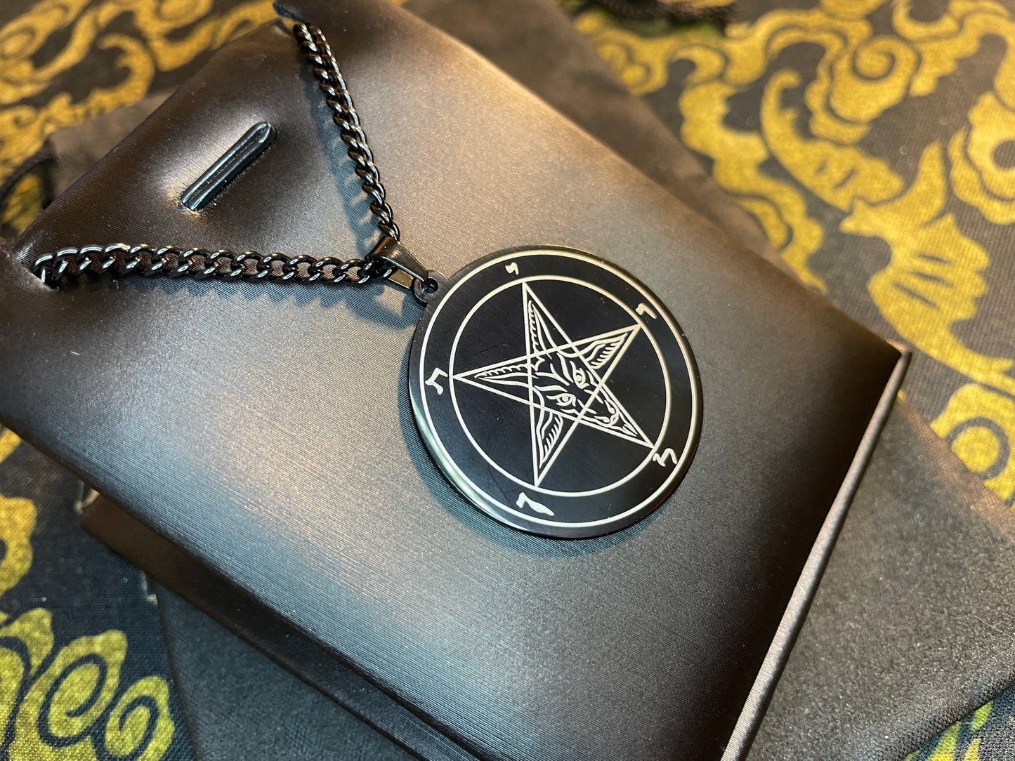 Sigil of Baphomet Official Church of Satan Inverted Upside Down Pentagram Necklace Pagan Wiccan Satanic Occult Jewelry Gift - Black & Gold