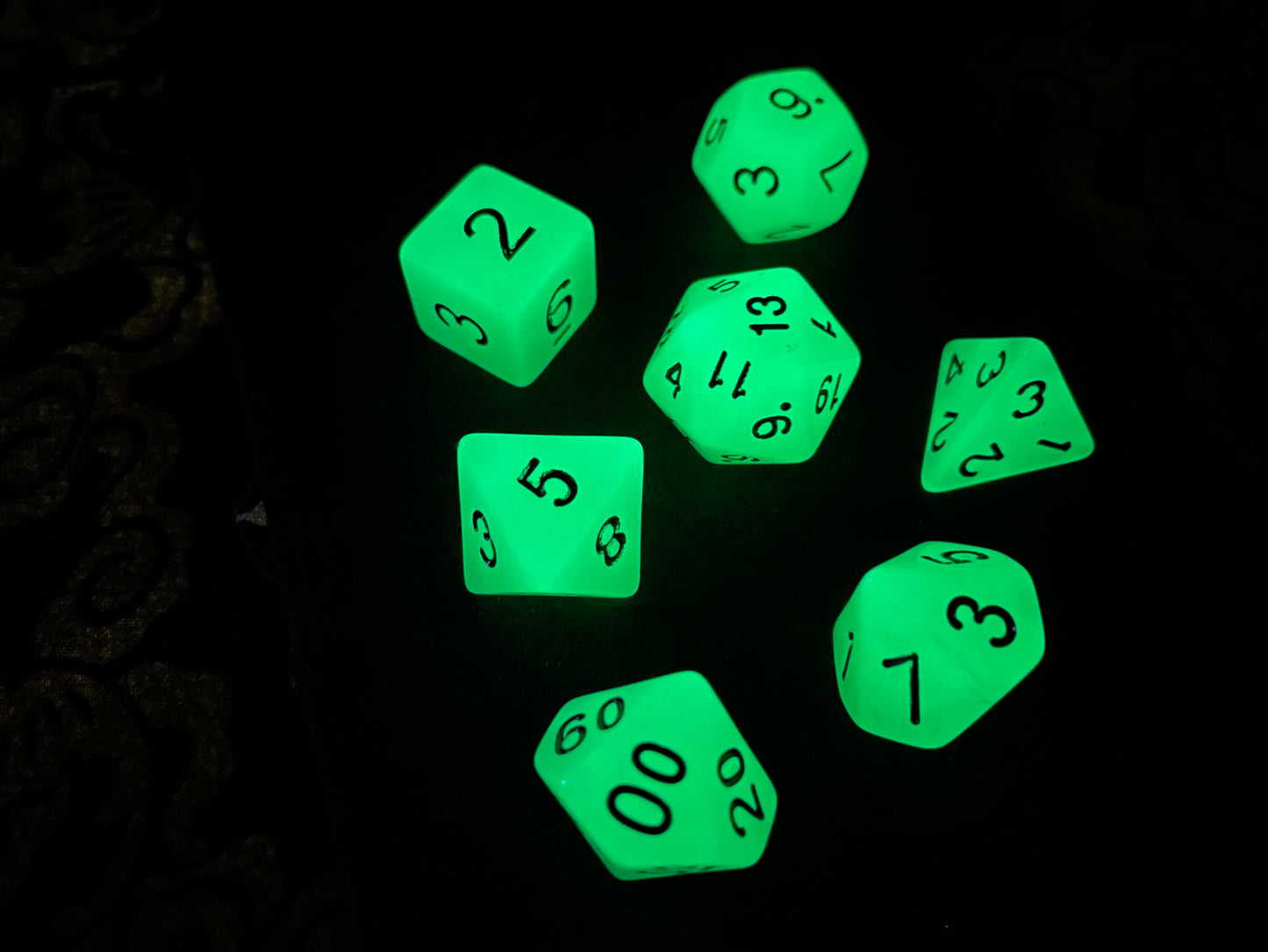 Glow in the Dark Fantasy Game Dice Set of Seven d20 d12 d10 d10 d8 d6 d4 Dungeons Gothic Dragons Pagan Wiccan Satanic Occult Magic Ritual