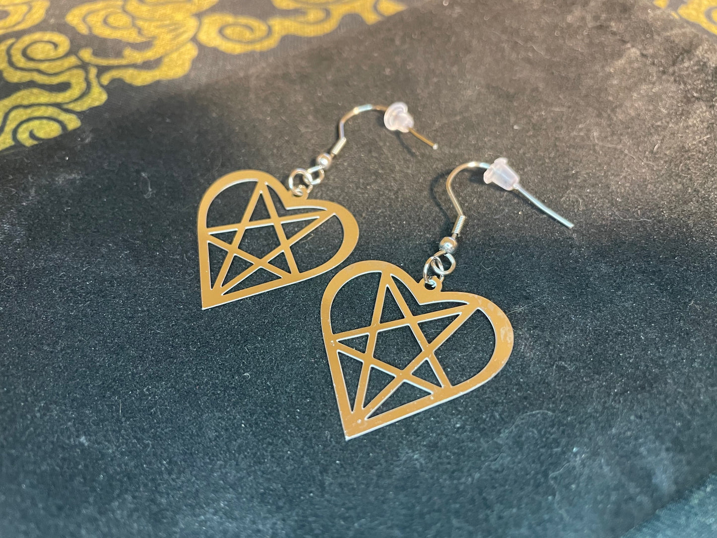 Satan's Heart Heartagram Inverted Pentagram Upside Down Stainless Steel Pendant Earrings Gothic Pagan Satanic Wiccan Best Gift - Silver