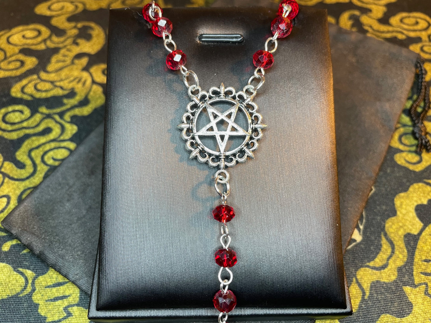 Satanic Rosary Inverted Pentagram Ornate Upside Down Cross 666 Stainless Steel Pendant Wiccan Occult Necklace Jewelry Gift - Silver & Red