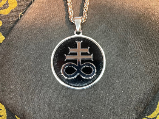 Sigil of Leviathan Cross Seal Sulfur Brimstone Alchemy Stainless Steel Necklace Satanic Wiccan Pagan Occult Jewelry Gift - Black & Silver