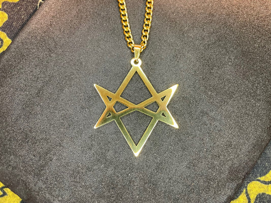 Unicursal Hexagram Thelema Symbol Stainless Steel Pendant Necklace Aleister Crowley Satanic Church Wiccan Pagan Occult Jewelry Gift - Gold