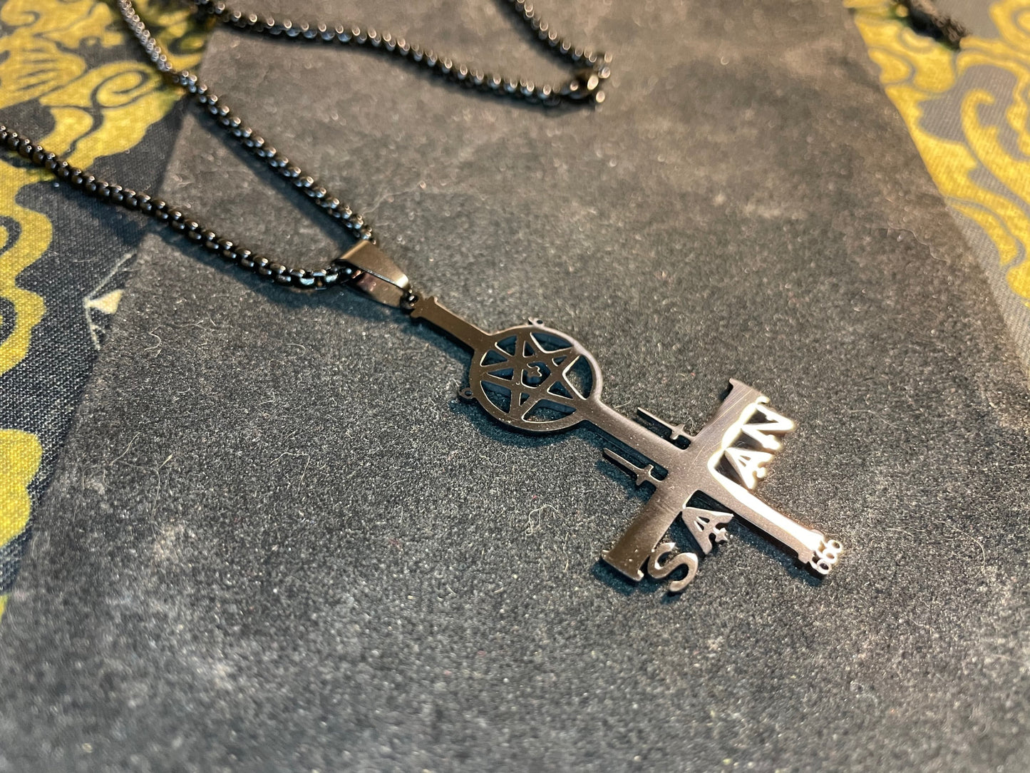 Inverted Upside Down Cross w/ Pentagram 666 Symbol Pendant Necklace Vintage Occult Gothic Dark Pagan Satanic Men Women Jewelry Gift - Black