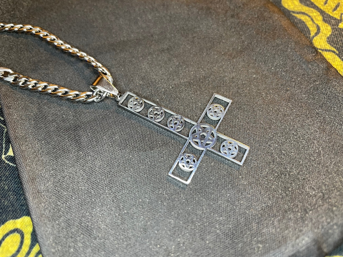 Upside Down Cross Inverted Multi Pentagram Stainless Steel Pendant Necklace Gothic Modern Satanic Church Wiccan Occult Jewelry Gift - Silver