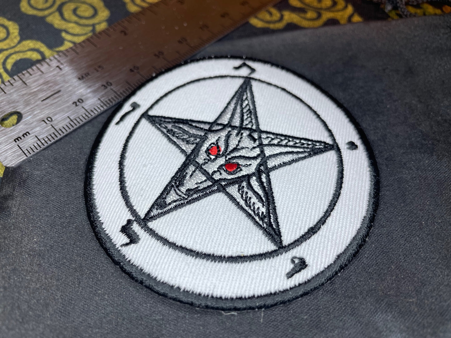 Sigil of Baphomet Embroidered Fabric Iron-On Patch Red Eyes Washable Non-Toxic Church of Satan Gothic Satanic Wiccan Occult - White & Black