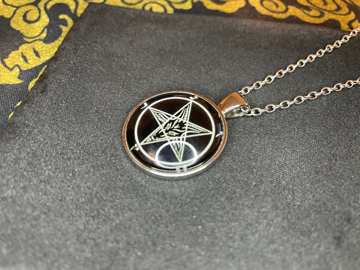 Sigil of Baphomet Pentagram Church of Satan Lucifer Glass Stainless Steel Pendant Necklace Satanic Wiccan Pagan Occult Jewelry Gift - Silver