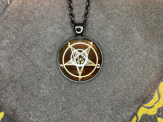 Sigil of Baphomet Pentagram Church of Satan Lucifer Glass Stainless Steel Pendant Necklace Satanic Wiccan Pagan Occult Jewelry Gift - Black