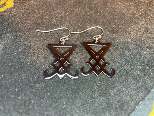 Sigil of Lucifer Seal of Satan Stainless Steel Earwire French Loop Earrings Gothic Pagan Satanic Church Wiccan Occult Jewelry Gift  - Black