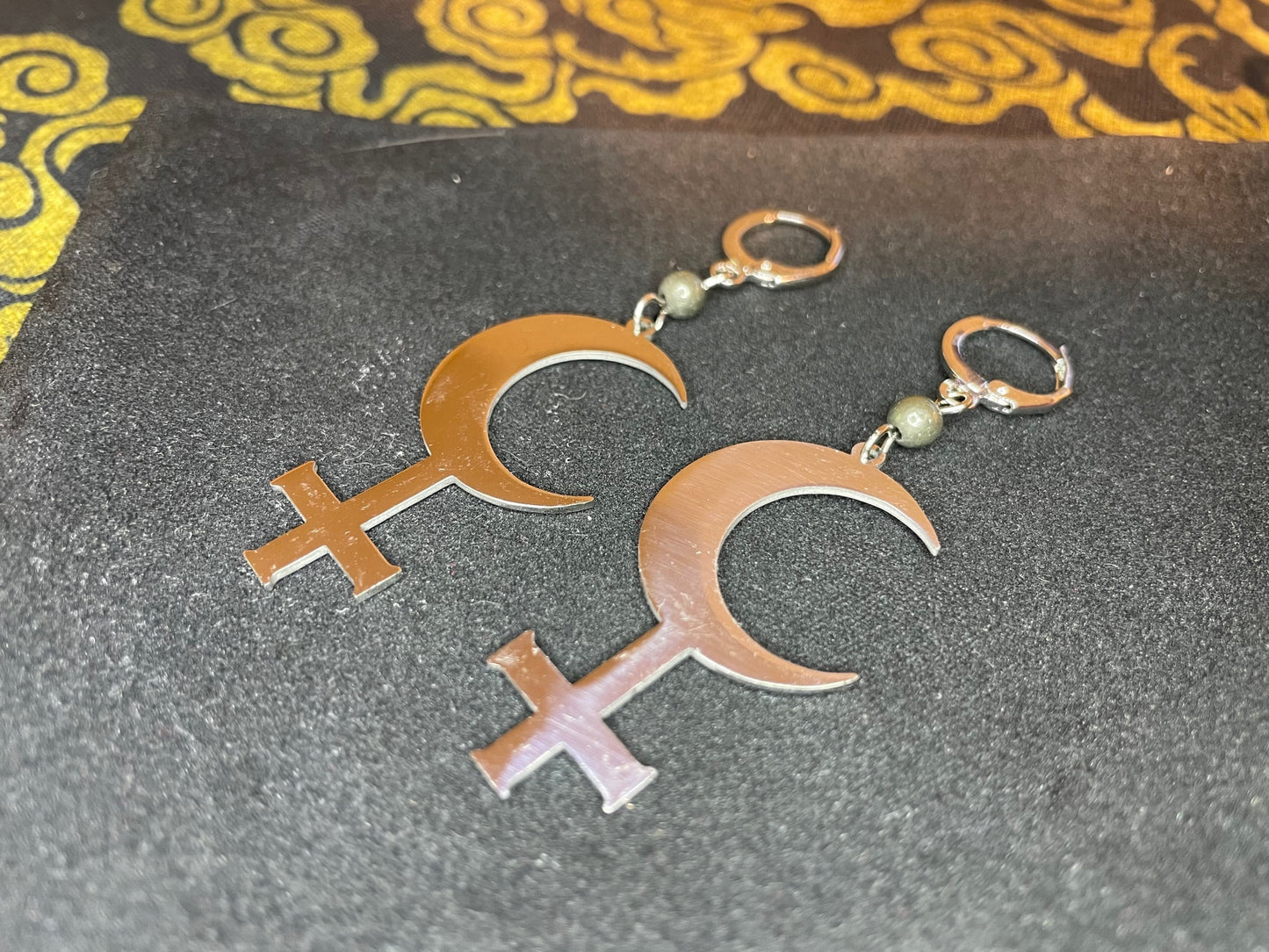 Lilith Symbol Crescent Moon Inverted Upside Down Cross Stainless Steel Earrings Gothic Satanic Church Wiccan Occult Jewelry Gift - Silver