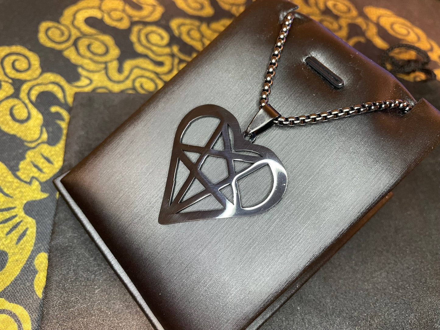 Satan's Heart Inverted Pentagram Feminine Masculine Duality Stainless Steel Pendant Necklace Gothic Wiccan Pagan Satanic Jewelry - Black