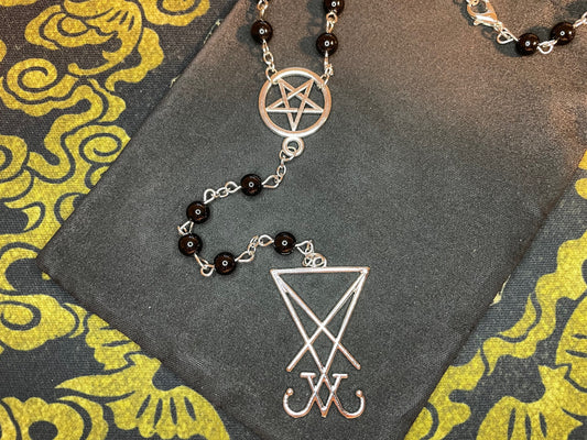 Satanic Rosary Small Beads Inverted Pentagram Sigil of Lucifer Pendant Witchcraft Magic Pagan Wiccan Occult Necklace - Silver & Black Color