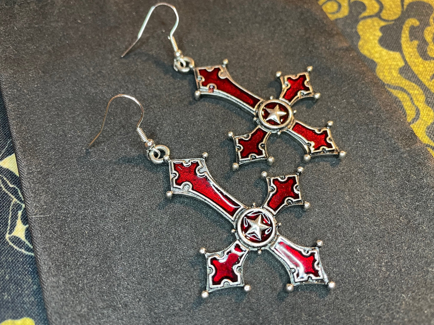 Red Crimson Bloody Inverted Upside Down Cross Pendant Earrings Star Vintage Gothic Satanic Pagan Wiccan Occult Jewelry Best Gift - Silver