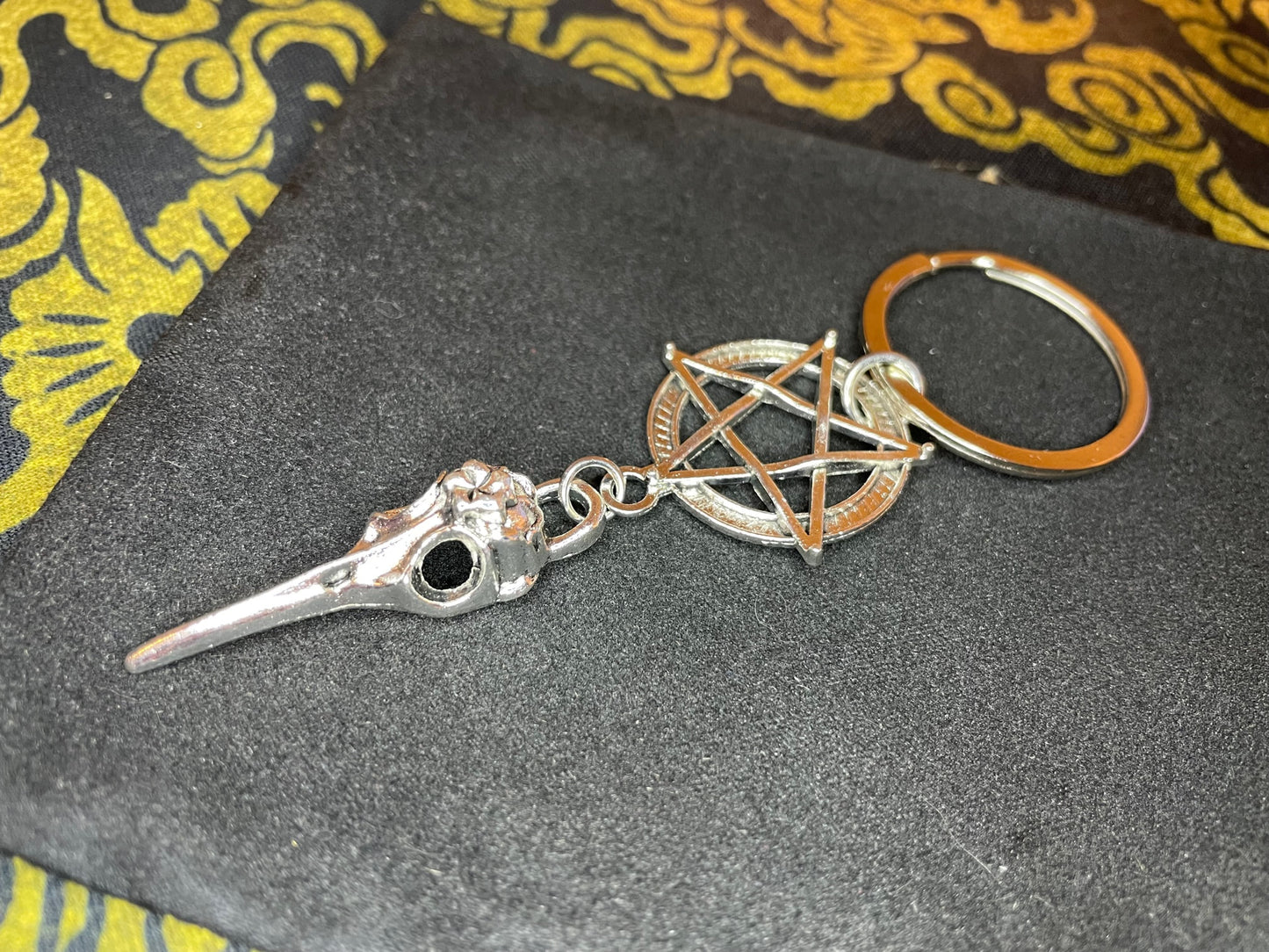 Raven Skull Pentagram Keychain Crow Bird Skeleton Inverted Upside Down Stainless Steel Wiccan Satanic Gothic Pagan Occult Jewelry - Silver