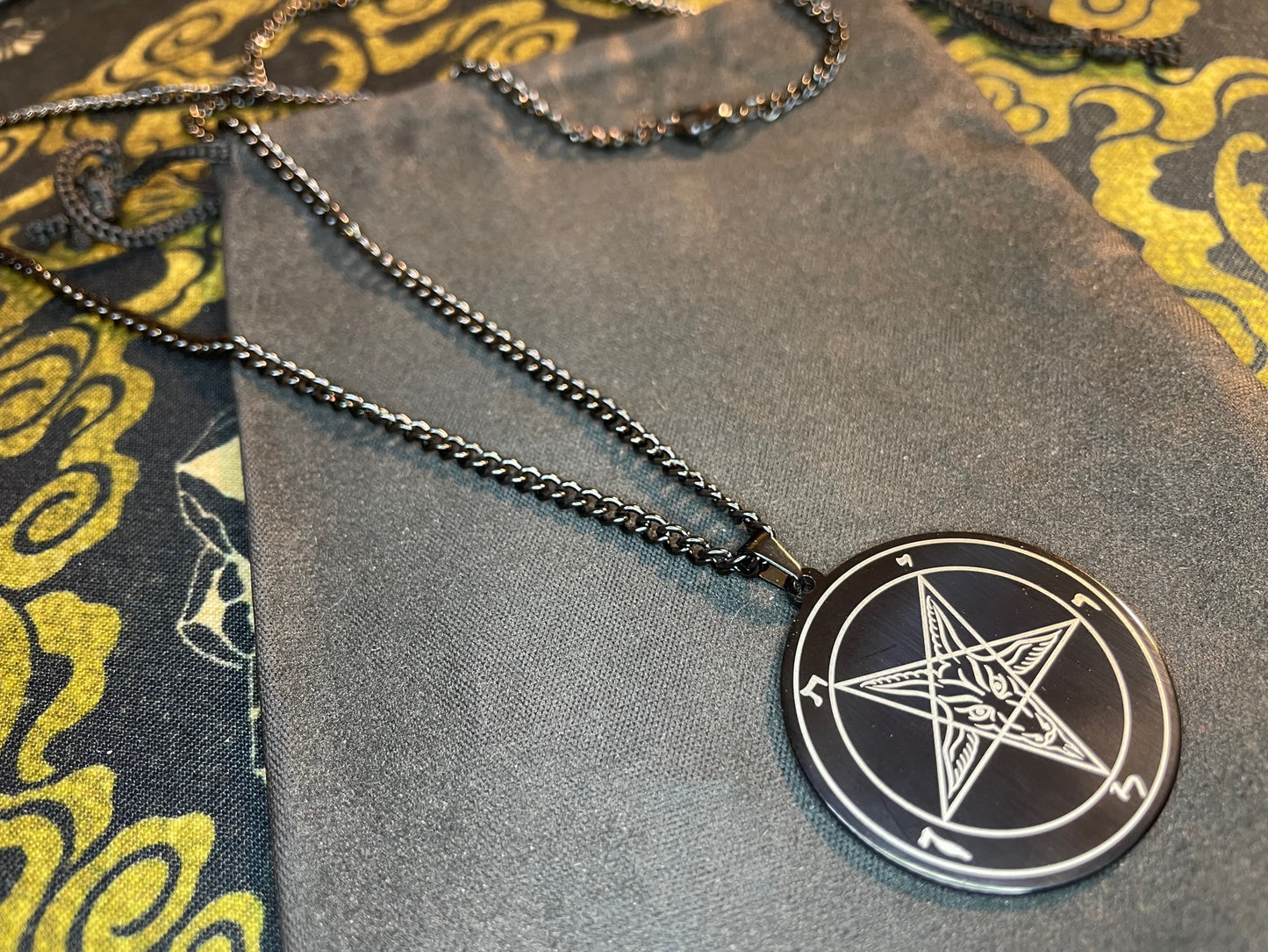 Sigil of Baphomet Official Church of Satan Inverted Upside Down Pentagram Necklace Pagan Wiccan Satanic Occult Jewelry Gift - Black & Gold