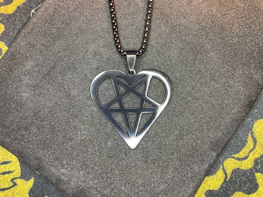 Satan's Heart Inverted Pentagram Feminine Masculine Duality Stainless Steel Pendant Necklace Gothic Wiccan Pagan Satanic Jewelry - Black