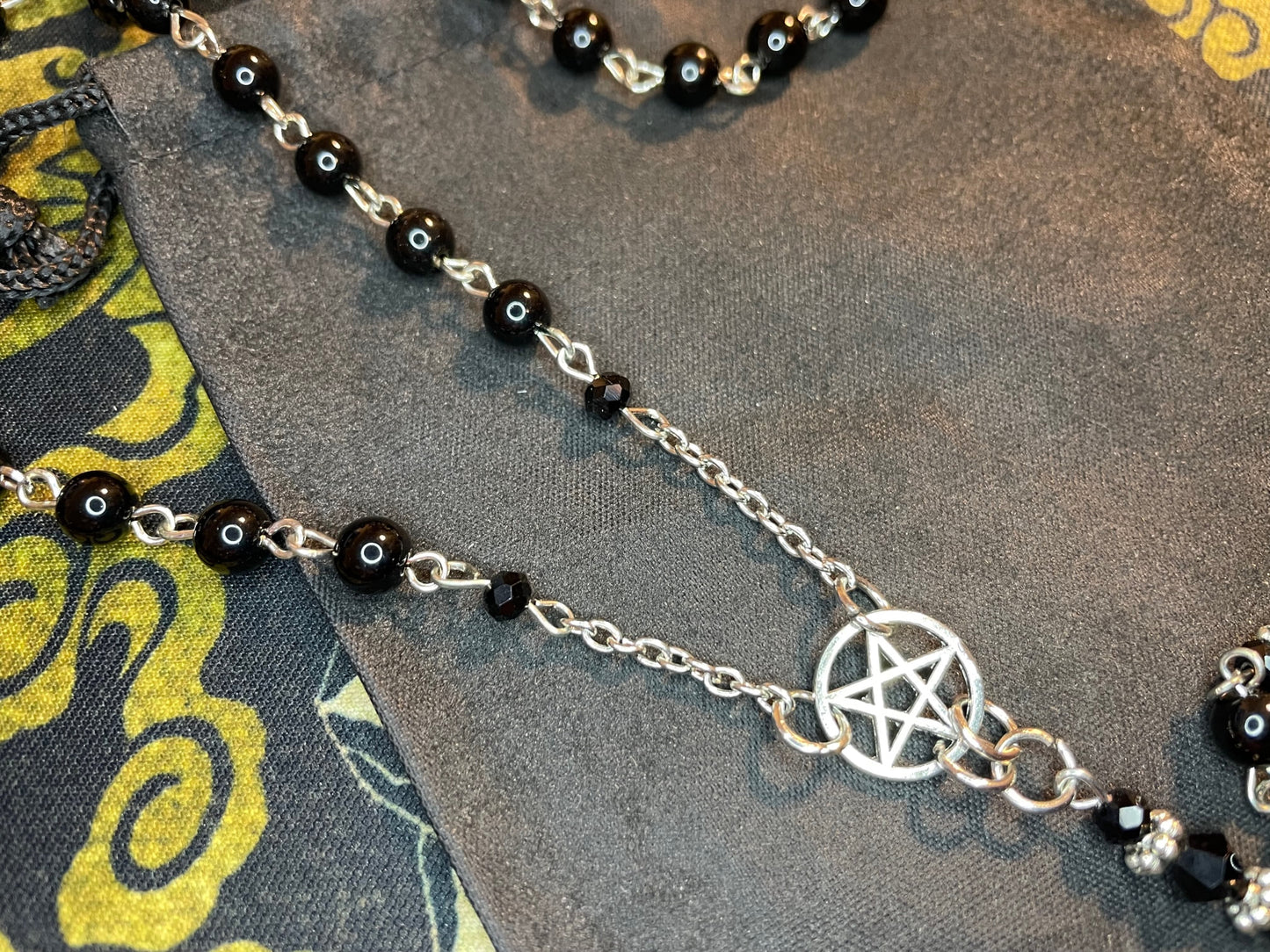 Satanic Rosary Inverted Pentagram Sigil of Lucifer Pendant Necklace Small Beads Gothic Pagan Wiccan Occult Jewelry Gift - Silver & Black