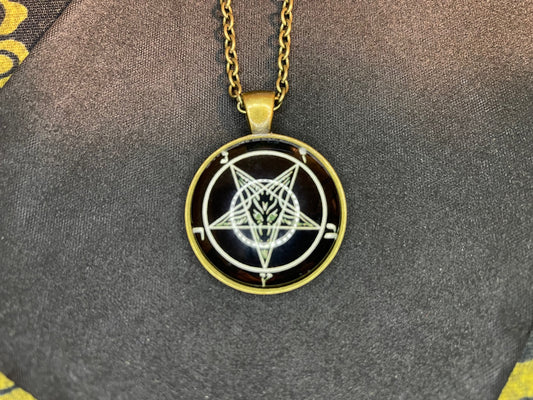 Sigil of Baphomet Pentagram Church of Satan Lucifer Glass Stainless Steel Pendant Necklace Satanic Wiccan Pagan Occult Jewelry Gift - Bronze