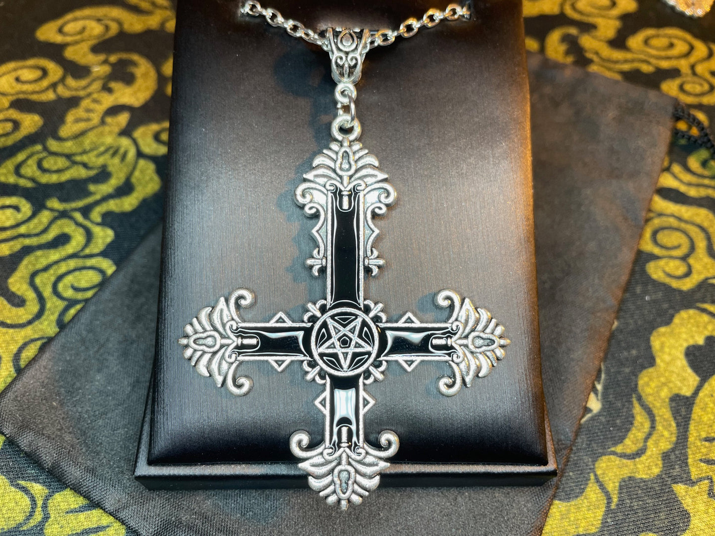 Ornate Black Inverted Upside Down Cross Pentagram Pendant Necklace Retro Vintage Gothic Satanic Pagan Wiccan Occult Jewelry Gift - Silver