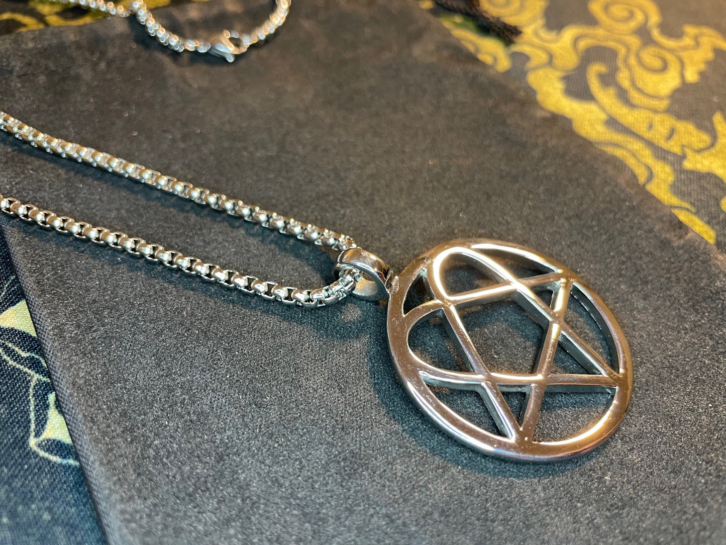 Heartagram Pentagram Heart Feminine Masculine Duality Stainless Steel Pendant Necklace Gothic Wiccan Pagan Satanic Jewelry Gift - Silver